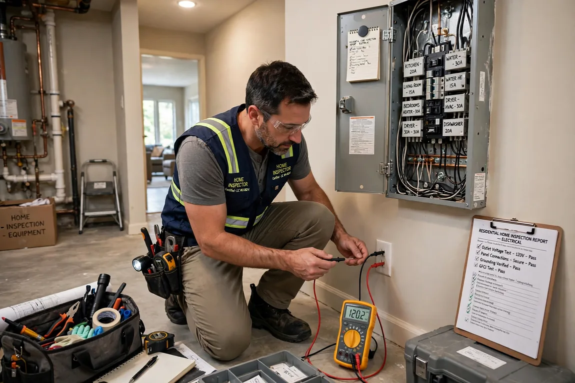 Inspector testing electrical outlets and a home electrical panel during an inspection
