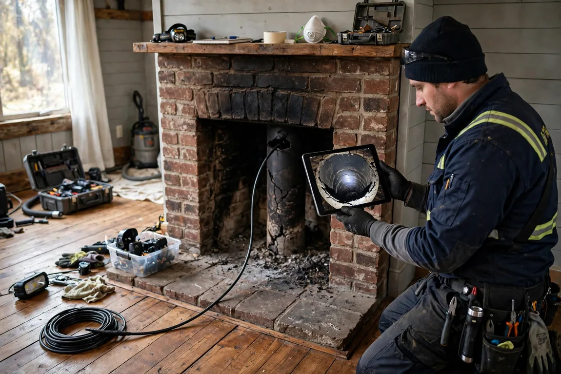 Chimney Sweep Cost: Average Prices, Level 1 vs Level 2 Inspections & Add-Ons (2026 Guide) 2 Technician performing a Level 2 camera inspection of a brick fireplace flue with a tablet