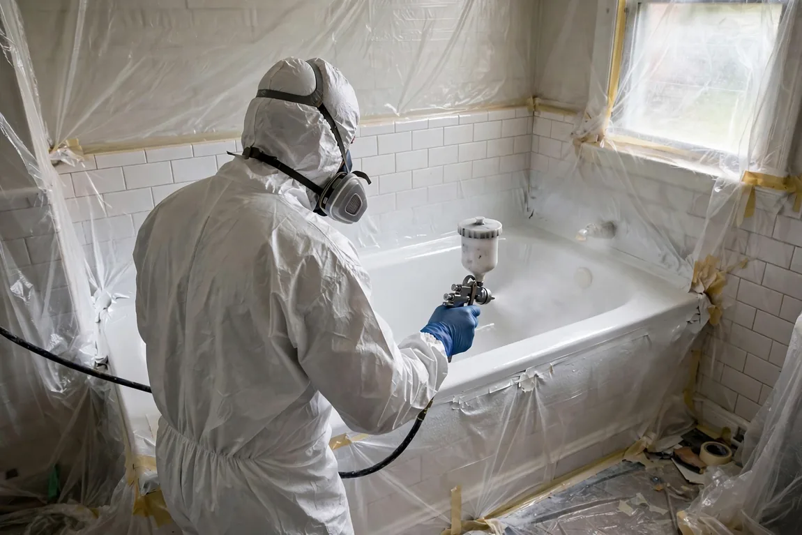 Bathtub Refinishing Cost: Prices by Material, DIY vs Pro and Replacement (2026 Guide) 2 Professional technician in protective gear spray-applying a new coating during a bathtub refinishing job
