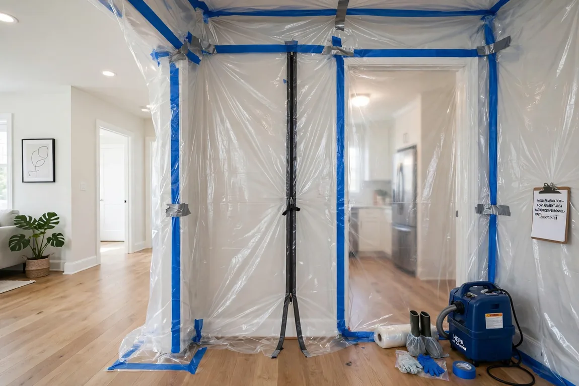 Plastic containment sheeting sealed around a doorway to isolate a mold remediation work area (Illustrative image)