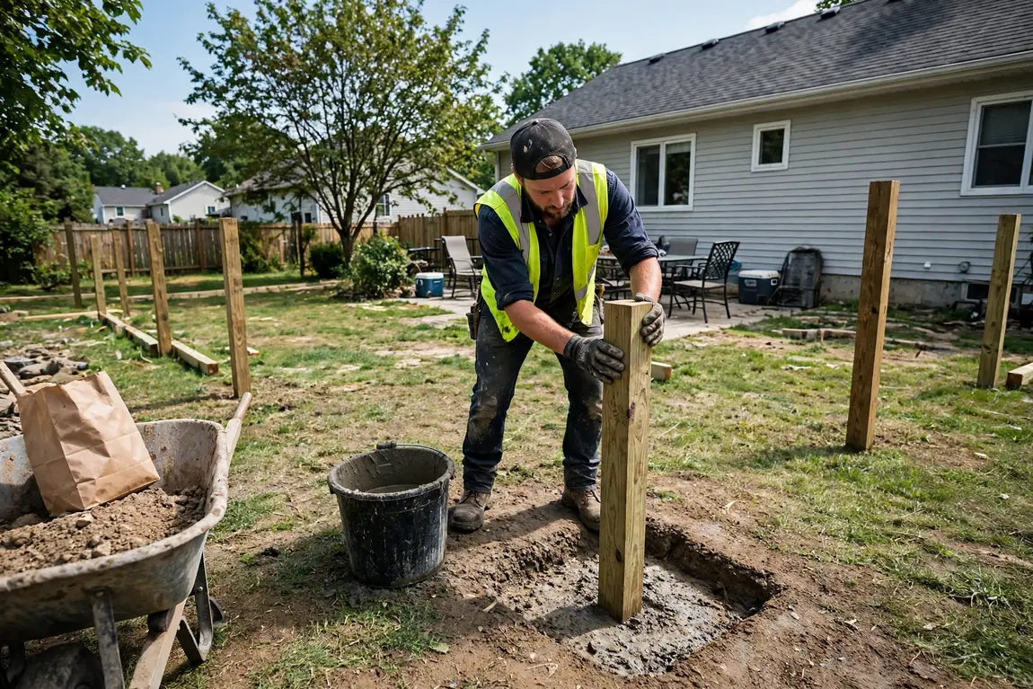 Fence Installation Cost: What Homeowners Pay in 2026 2 Contractor setting wooden fence posts in concrete during a professional fence installation (Illustrative image)
