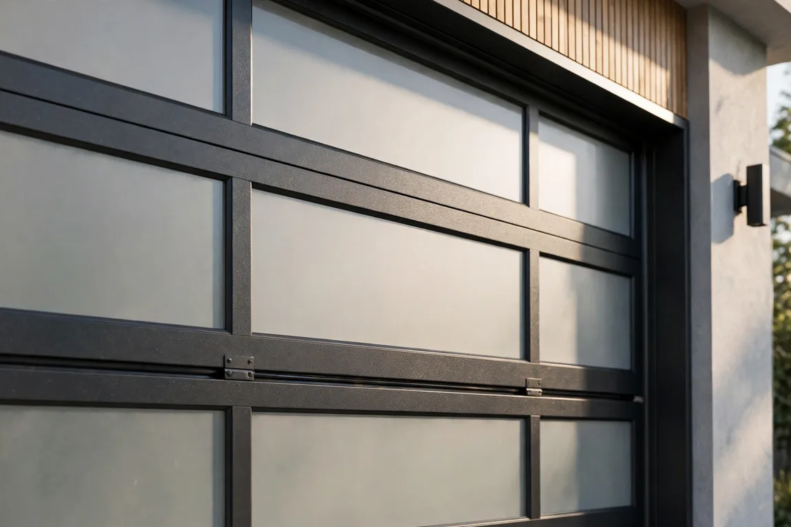 Garage Door Replacement Cost: Single vs Double Doors, Materials & Add-Ons (2026 Guide) 2 Modern aluminum and frosted glass garage door on a contemporary home (Illustrative image)