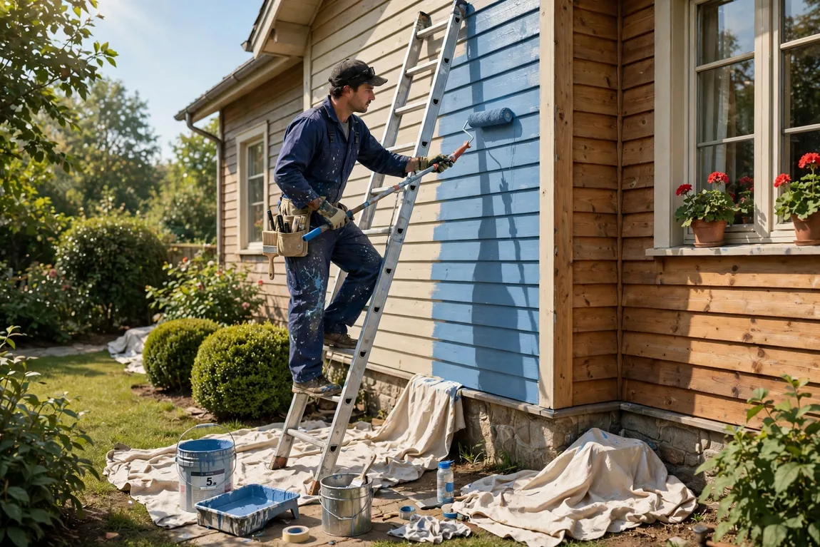 Exterior Painting Cost: 2026 Prices by Home Size, Siding Type, and DIY vs Pro 4 Professional painter on a ladder painting the wood siding of a house exterior (Illustrative image)