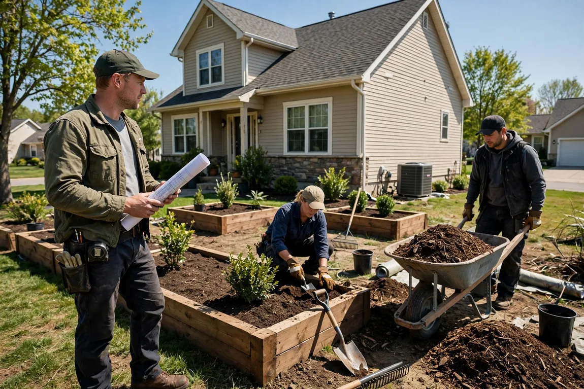 Landscape designer and crew installing new planting beds and shrubs at a suburban home