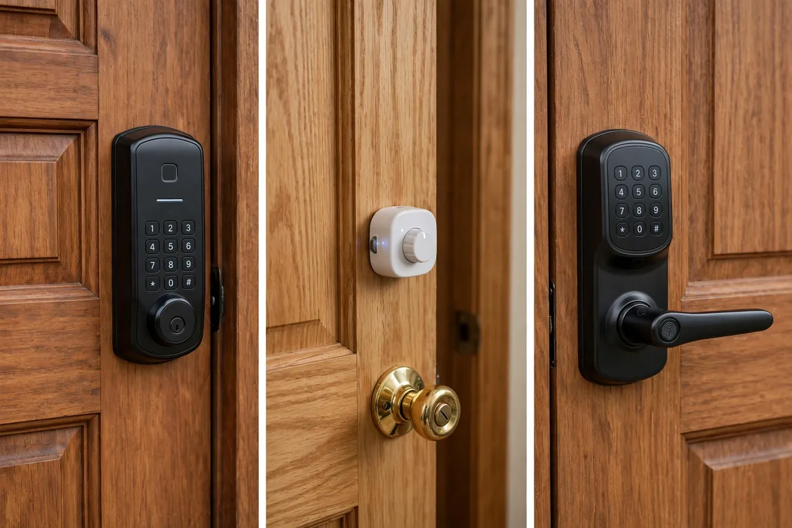 Best Smart Locks: Types, Features, Prices and How to Choose (2026) 2 Three smart lock types compared: a full deadbolt replacement, a retrofit lock and a lever handle set
