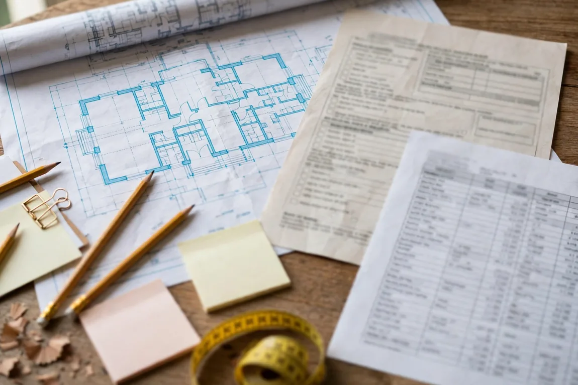 Home Addition Cost: What You'll Actually Pay in 2026 2 Architect plans, permit documents and a budget spreadsheet on a table during addition planning