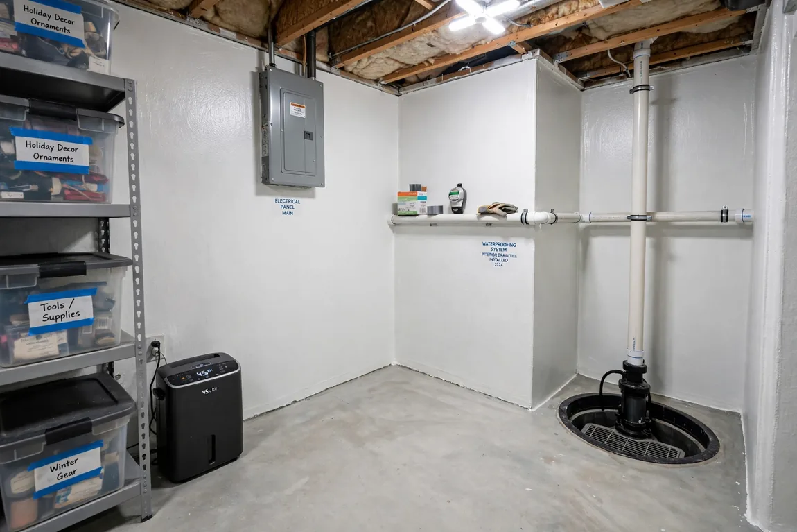Dry waterproofed basement with a sump pump basin installed in the corner