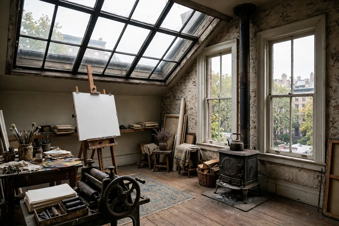 Top-floor artist studio with a north-facing skylight, easel and printing press in a Greenwich Village townhouse