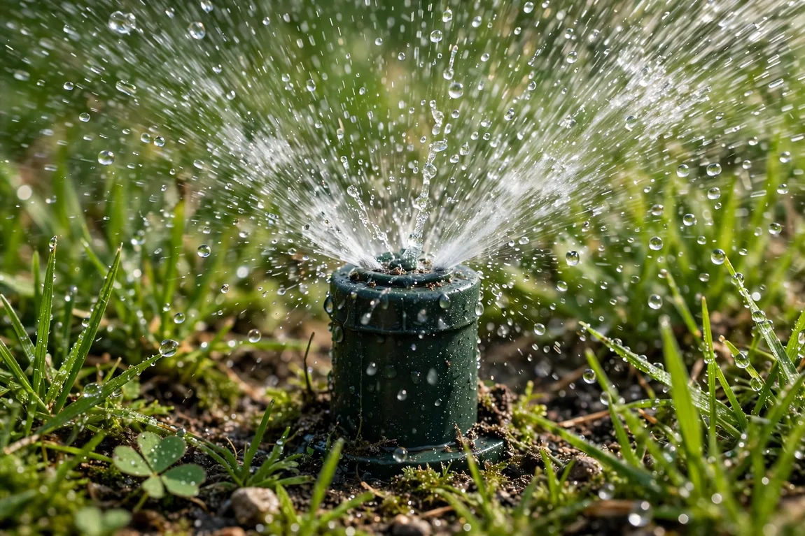 Sprinkler System Installation Cost 2026: Prices by Yard Size & Zone 3 Close-up of pop-up sprinkler heads spraying water on green grass