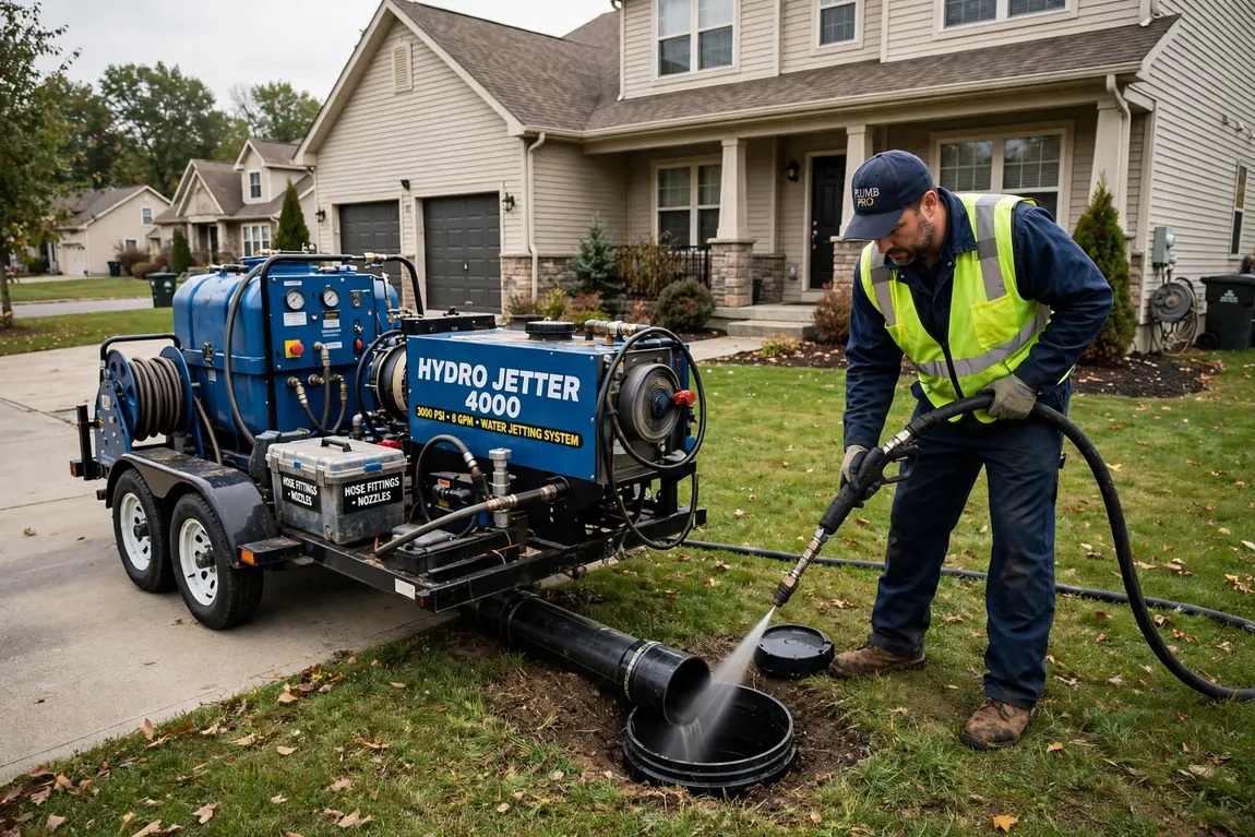 Hydro jetting equipment cleaning a main sewer line, a service that raises drain cleaning cost but clears grease and roots