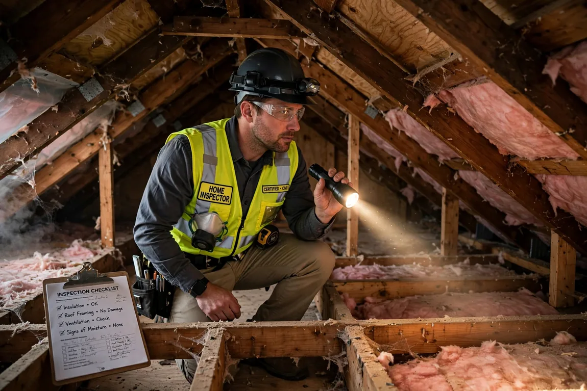 Inspector in an attic with a flashlight checking insulation and roof framing