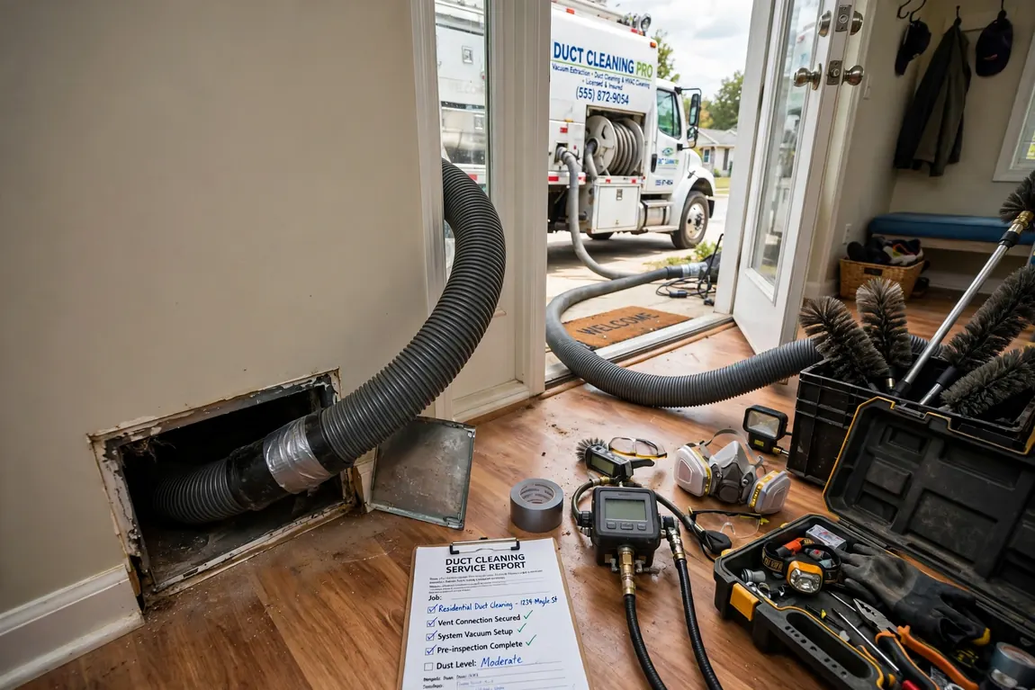 Large vacuum hose connected to a home vent for negative-pressure duct cleaning included in a standard air duct cleaning cost