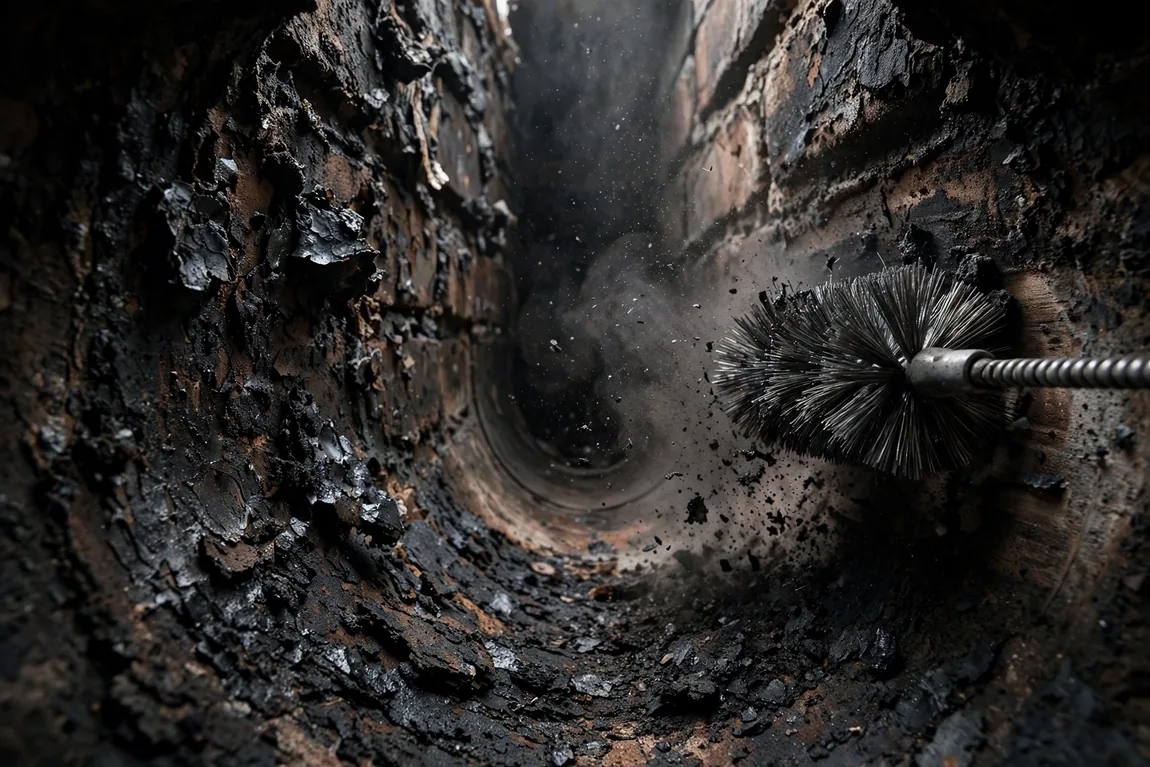 Chimney Sweep Cost: Average Prices, Level 1 vs Level 2 Inspections & Add-Ons (2026 Guide) 3 Rotary brush removing heavy black creosote buildup inside a chimney flue