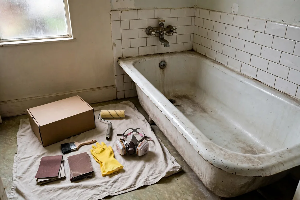 Bathtub Refinishing Cost: Prices by Material, DIY vs Pro and Replacement (2026 Guide) 4 DIY bathtub refinishing kit with roller, sandpaper, gloves and respirator laid out beside a worn bathtub