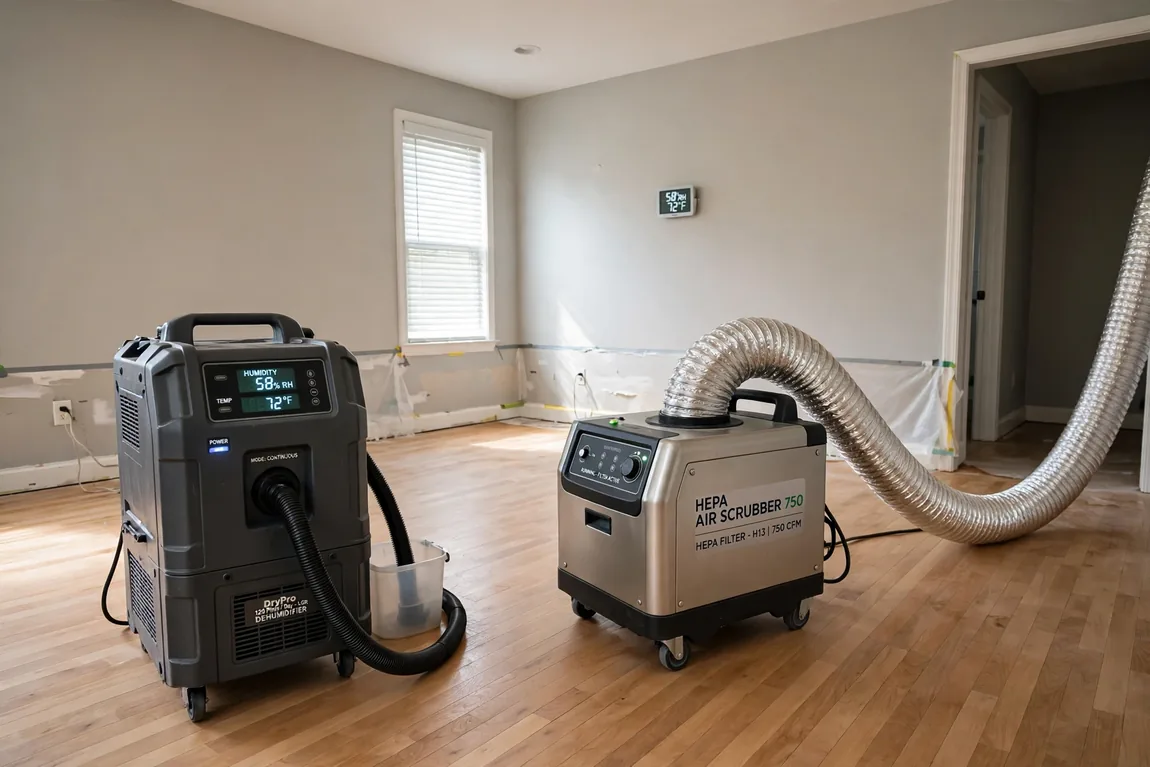 Dehumidifier and HEPA air scrubber drying and cleaning the air in a room during mold remediation (Illustrative image)