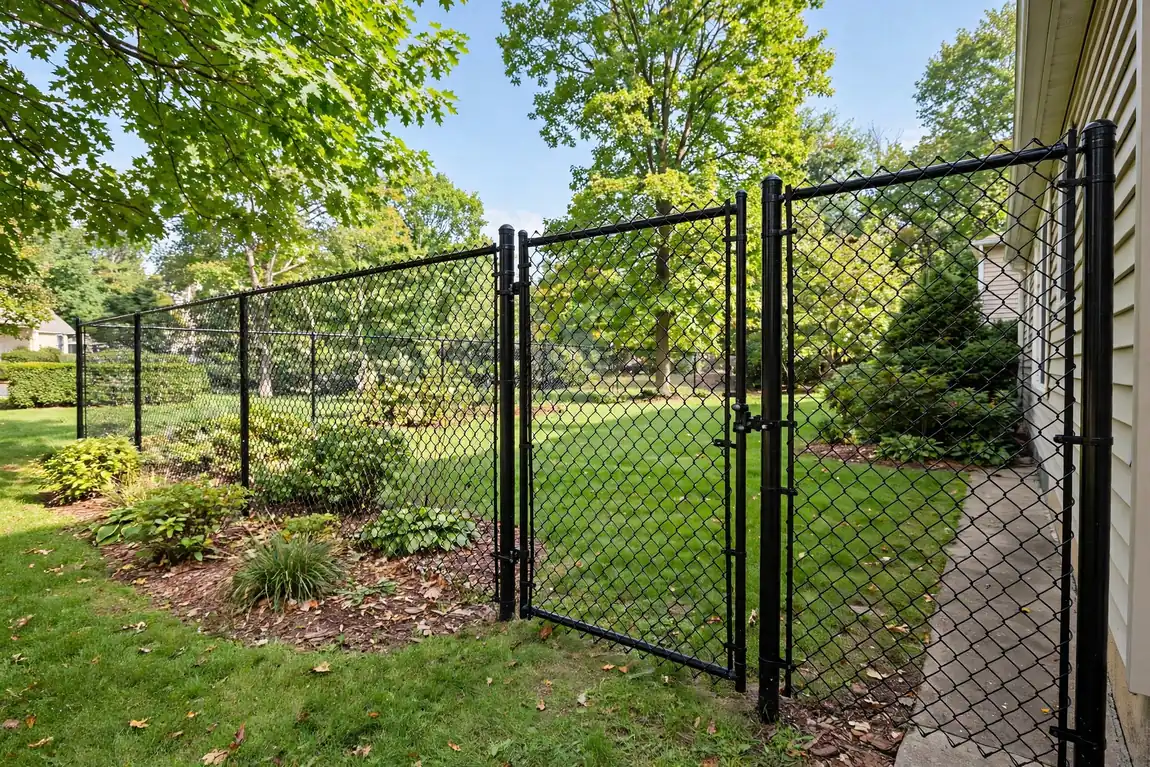 Fence Installation Cost: What Homeowners Pay in 2026 3 Black vinyl-coated chain link fence with a walk gate along a residential side yard (Illustrative image)