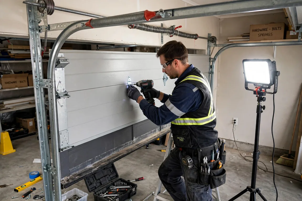 Garage Door Replacement Cost: Single vs Double Doors, Materials & Add-Ons (2026 Guide) 4 Professional installer fitting a new sectional garage door with new tracks and spring hardware (Illustrative image)