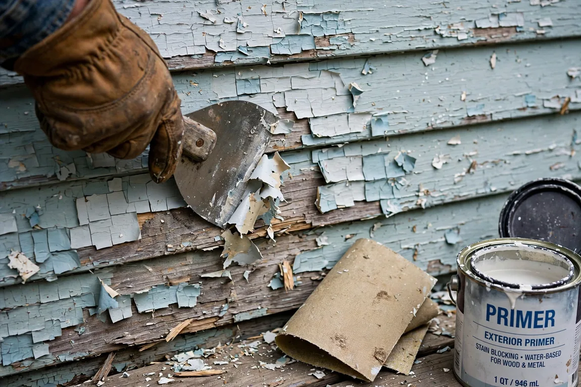 Exterior Painting Cost: 2026 Prices by Home Size, Siding Type, and DIY vs Pro 3 Worker scraping peeling paint from wood siding during exterior painting prep work (Illustrative image)