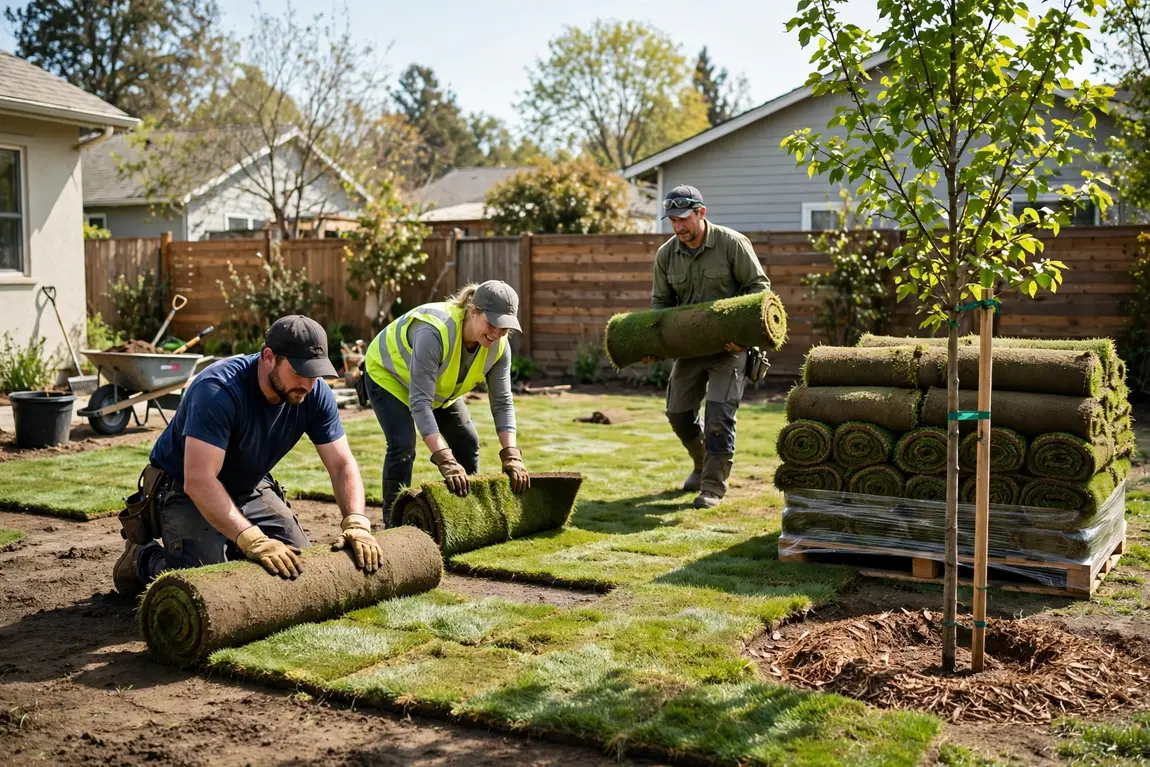 Workers laying fresh sod rolls and planting a young shade tree with a mulch ring in a backyard