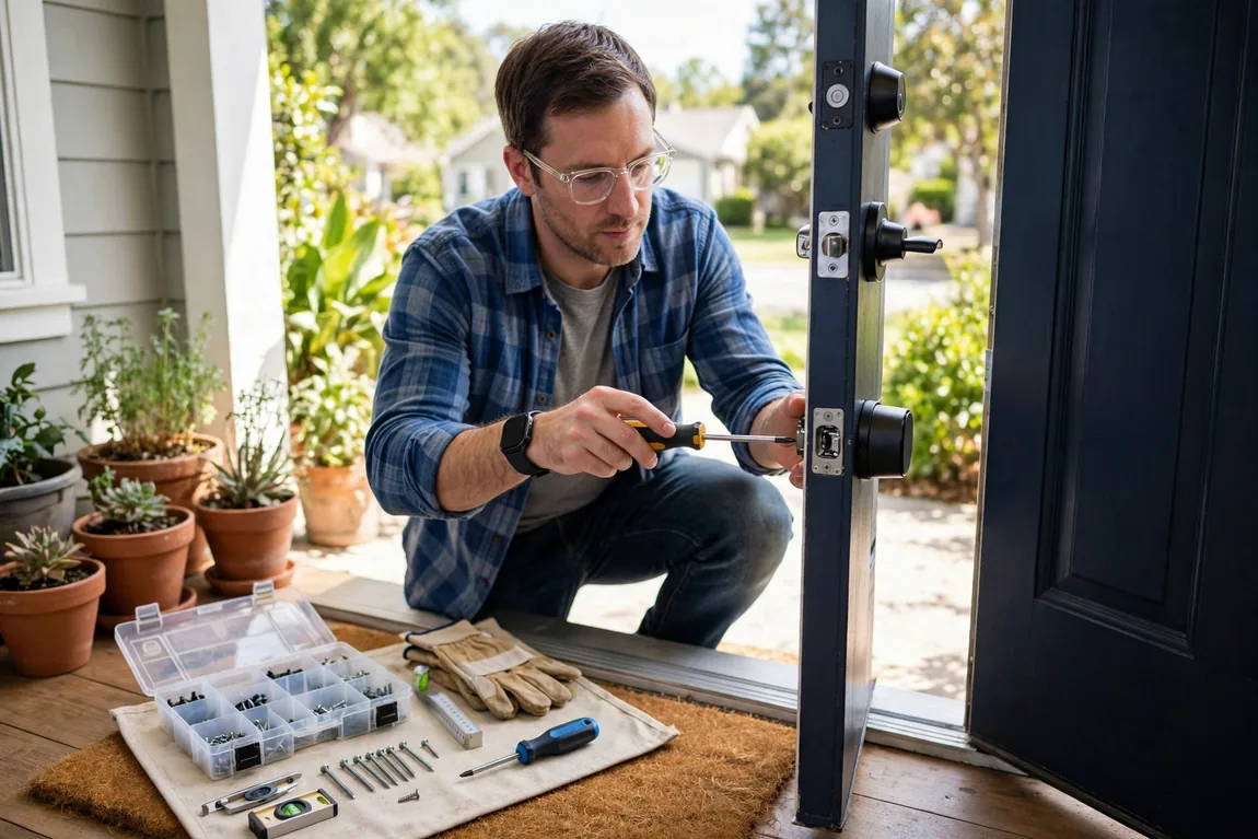 Best Smart Locks: Types, Features, Prices and How to Choose (2026) 4 Homeowner installing a smart deadbolt lock on a front door with a screwdriver