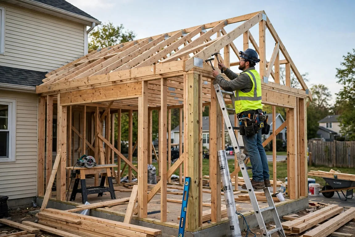 Home Addition Cost: What You'll Actually Pay in 2026 3 Contractor framing the walls and roof of a home addition while the existing house stays weather-tight