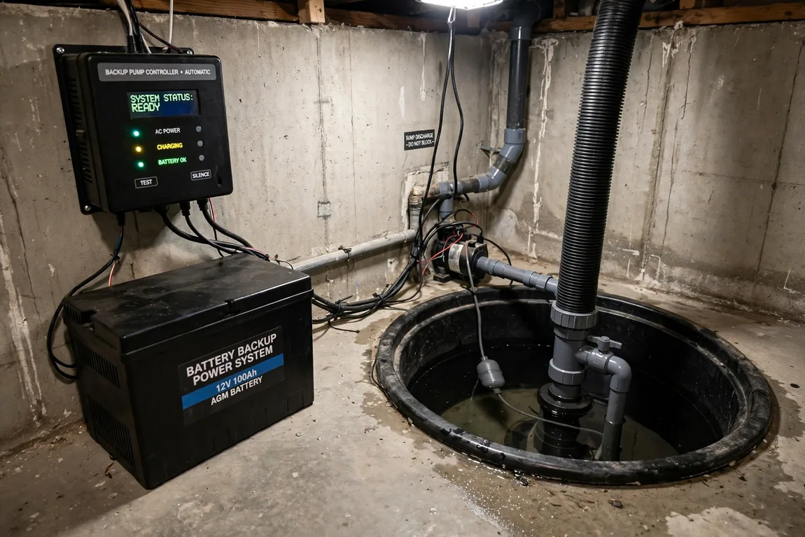 Battery backup sump pump system with battery box installed beside a basement basin