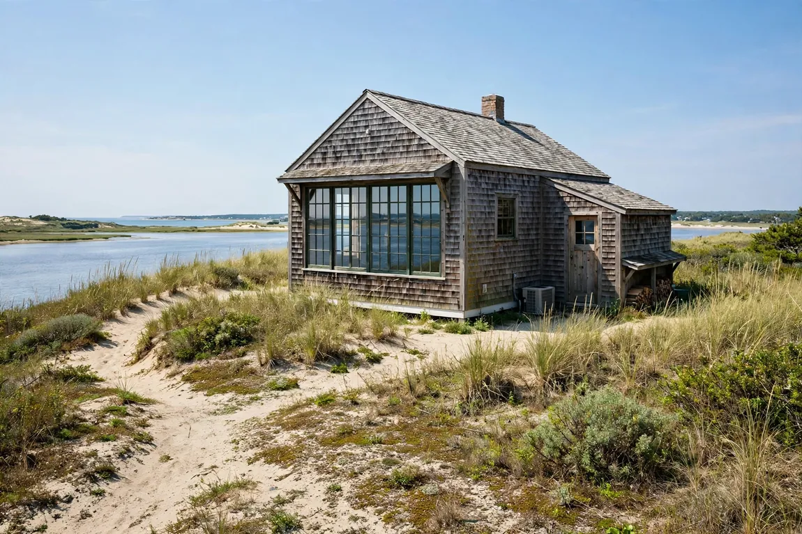 Simple shingled Cape Cod summer house with a large north-facing studio window among dunes above a bay
