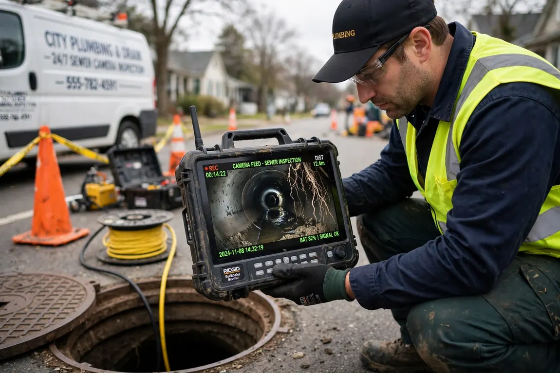 Sewer camera inspection shown on a monitor, an add-on that can increase drain cleaning cost but prevents repeat visits