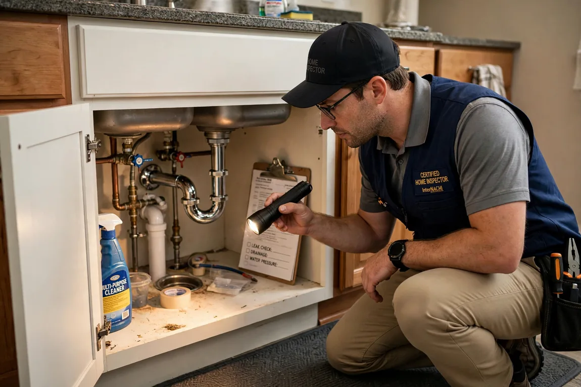Inspector checking plumbing pipes and a drain under a kitchen sink
