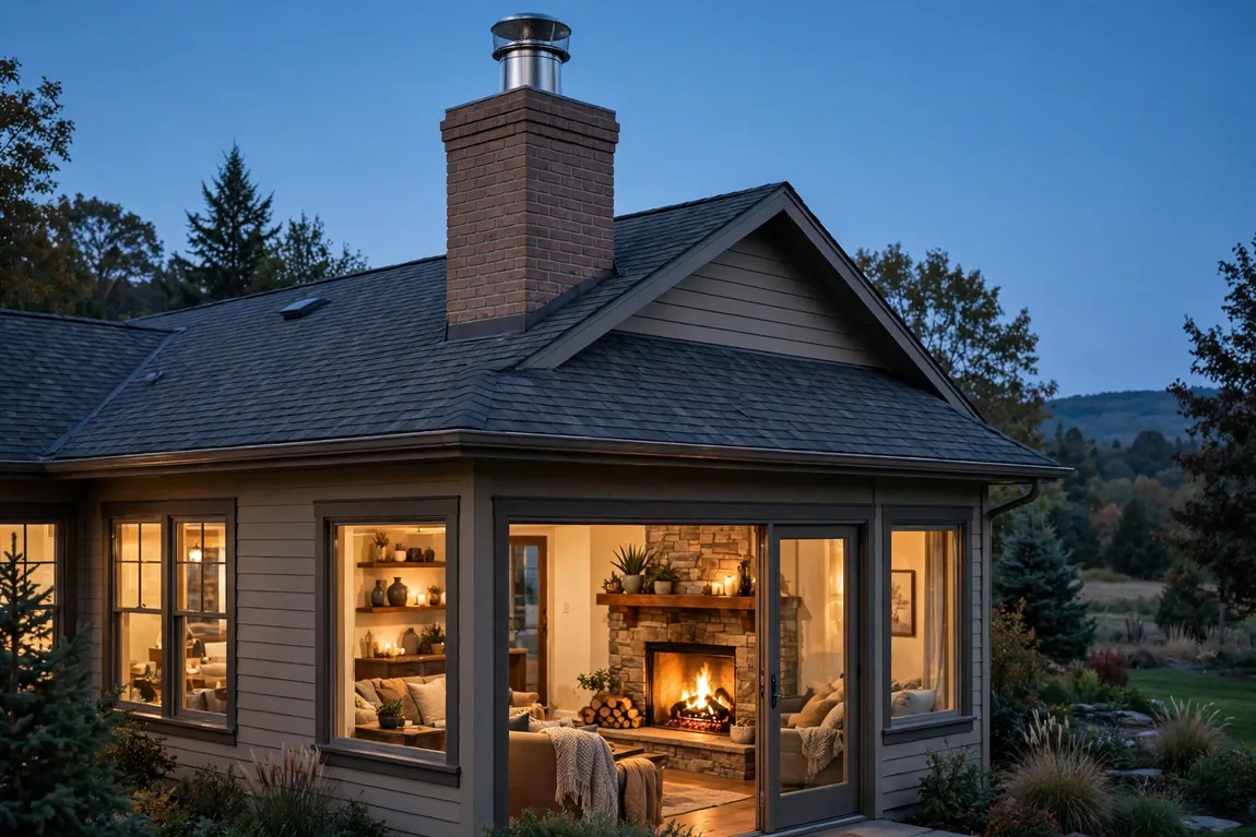Chimney Sweep Cost: Average Prices, Level 1 vs Level 2 Inspections & Add-Ons (2026 Guide) 4 Brick chimney with a new stainless steel cap above a cozy fireplace living room at dusk