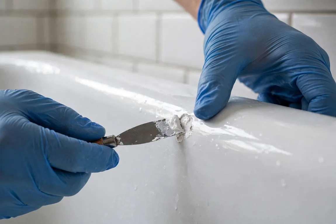 Bathtub Refinishing Cost: Prices by Material, DIY vs Pro and Replacement (2026 Guide) 3 Close-up of a small chip being filled and repaired in a white porcelain bathtub before refinishing
