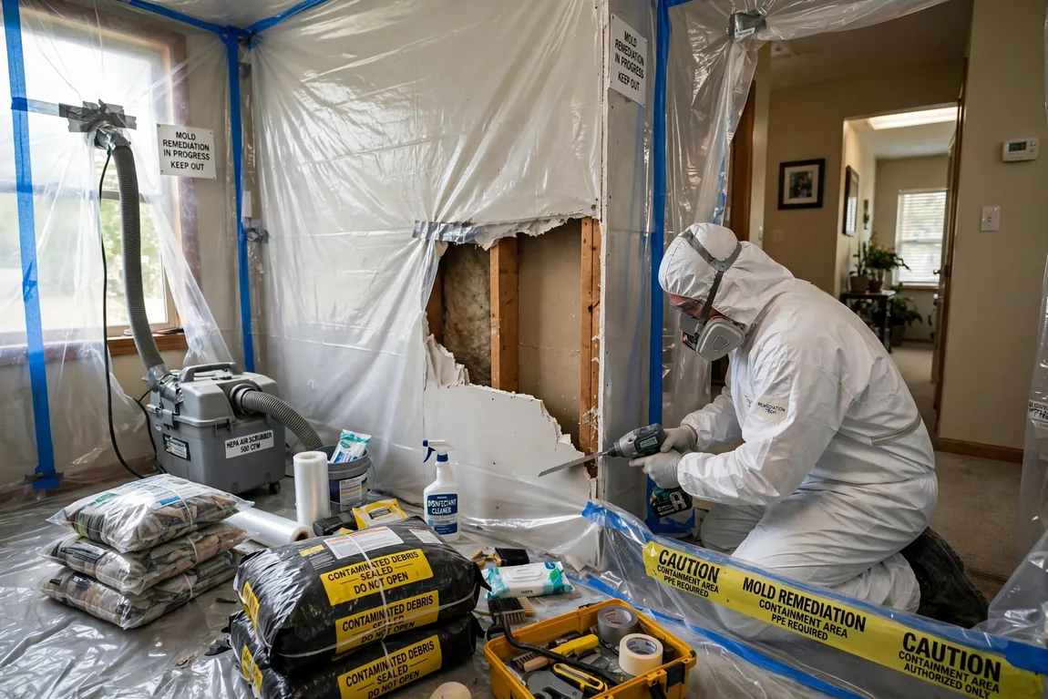 Technician removing a section of affected drywall inside a contained mold remediation work area (Illustrative image)
