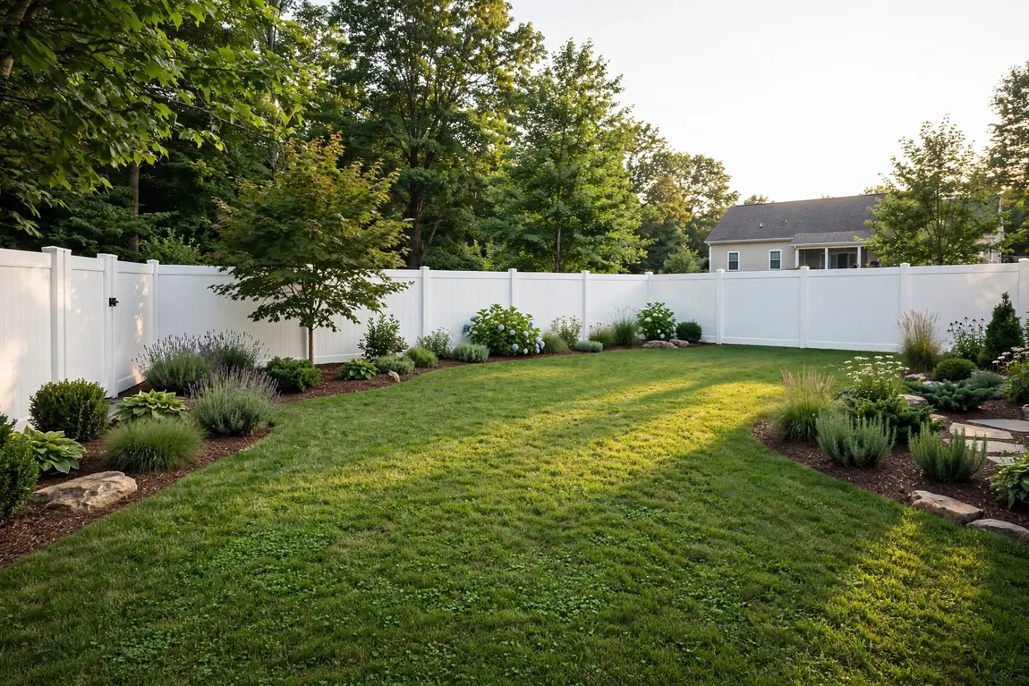 Fence Installation Cost: What Homeowners Pay in 2026 4 Finished suburban backyard with a white vinyl privacy fence, green lawn and simple landscaping (Illustrative image)
