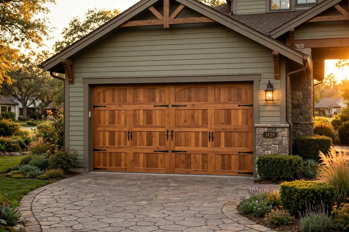 Garage Door Replacement Cost: Single vs Double Doors, Materials & Add-Ons (2026 Guide) 3 Wood-look carriage house garage door with decorative hardware on a craftsman home at golden hour (Illustrative image)