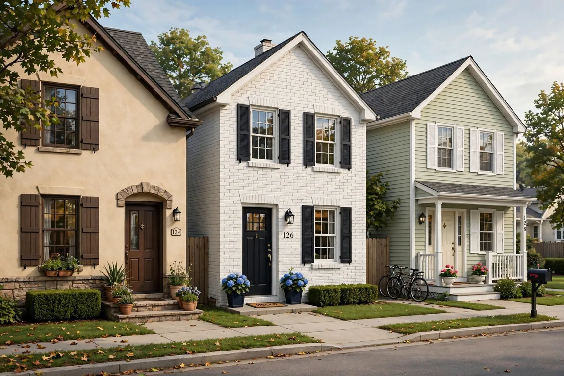 Exterior Painting Cost: 2026 Prices by Home Size, Siding Type, and DIY vs Pro 2 Painted stucco, brick, and vinyl house exteriors on a suburban street showing how siding type affects painting cost (Illustrative image)