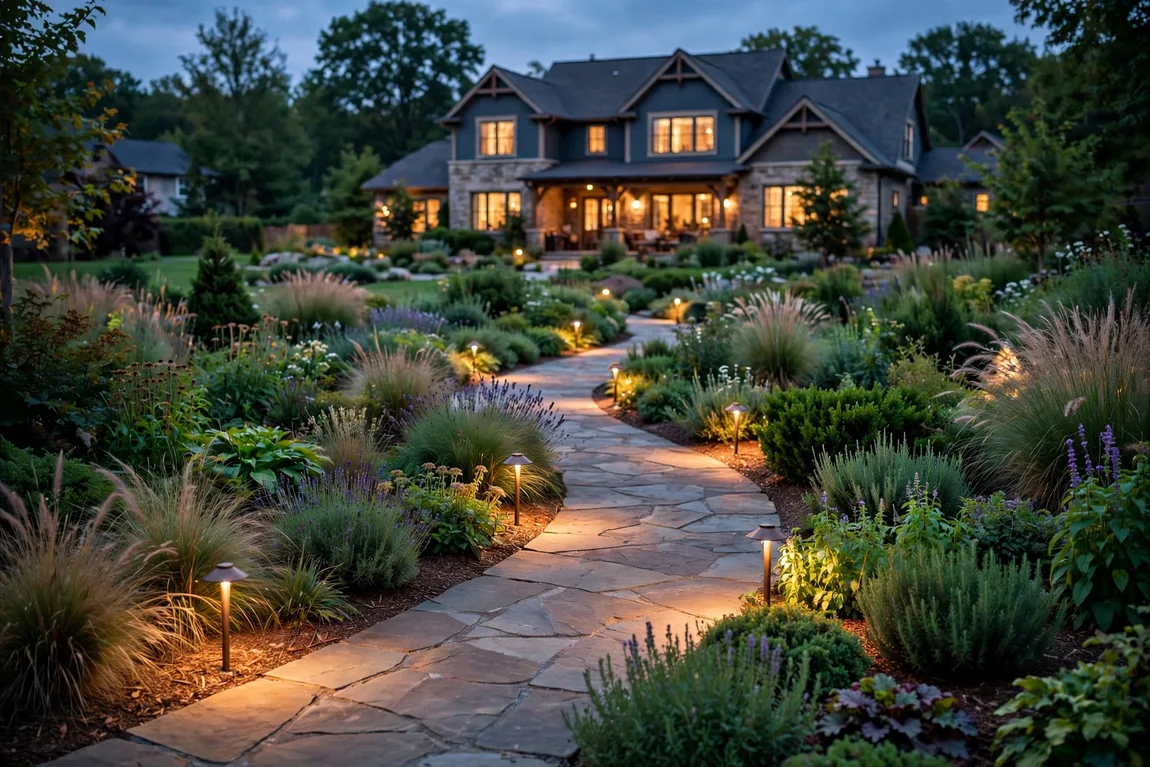Landscaped backyard at dusk with low-voltage path lighting, planting beds and ornamental grasses
