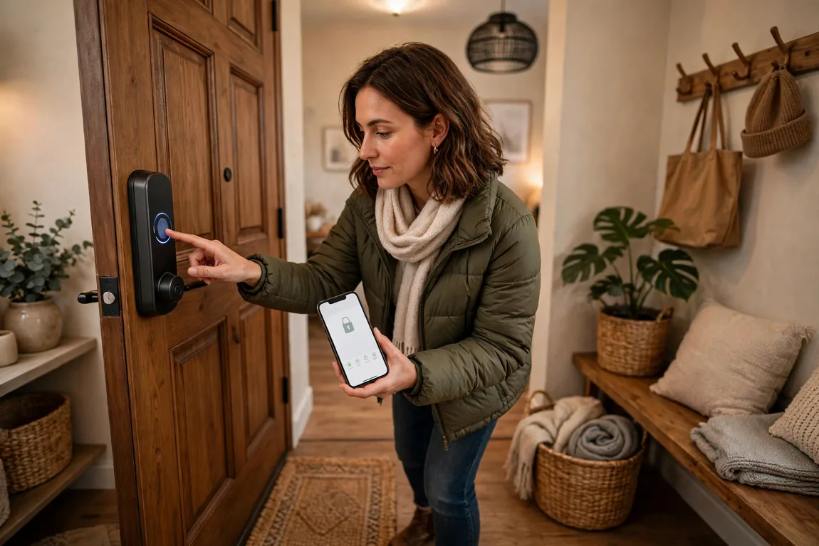 Best Smart Locks: Types, Features, Prices and How to Choose (2026) 3 Homeowner using fingerprint access and a phone app to control a smart lock at a front door