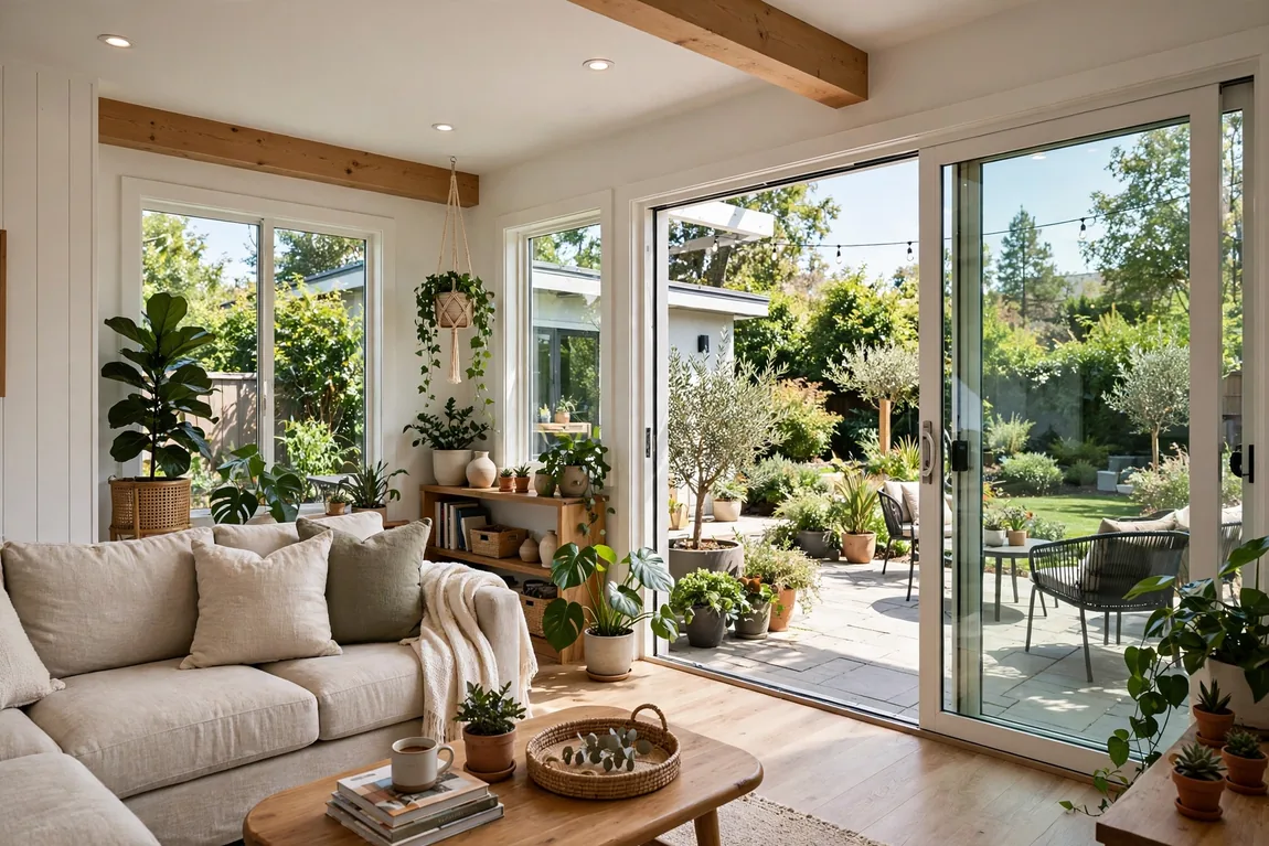 Home Addition Cost: What You'll Actually Pay in 2026 4 Finished family room addition with large windows opening onto a backyard patio