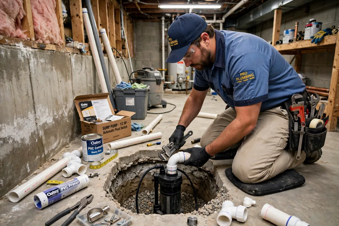 Professional plumber installing a sump pump in a residential basement basin