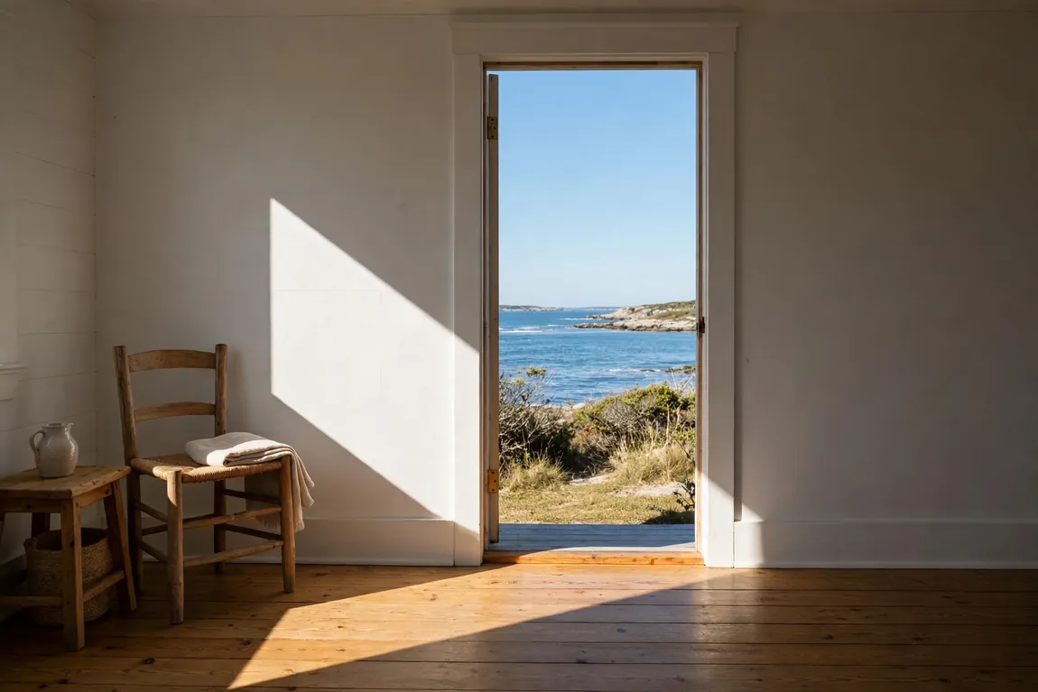 Quiet coastal cottage interior with an open door framing bright sea light, in the spirit of Rooms by the Sea