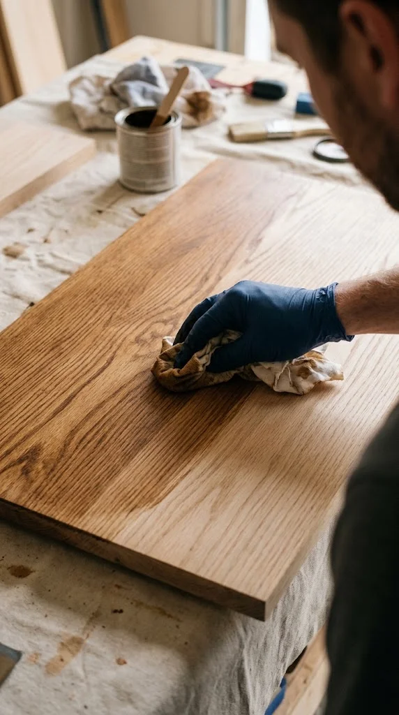 Applying wood stain evenly with the grain