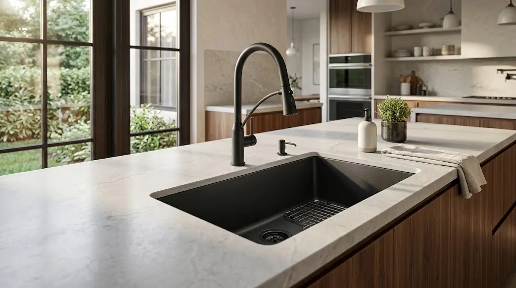 Matte black granite composite undermount sink in a modern kitchen