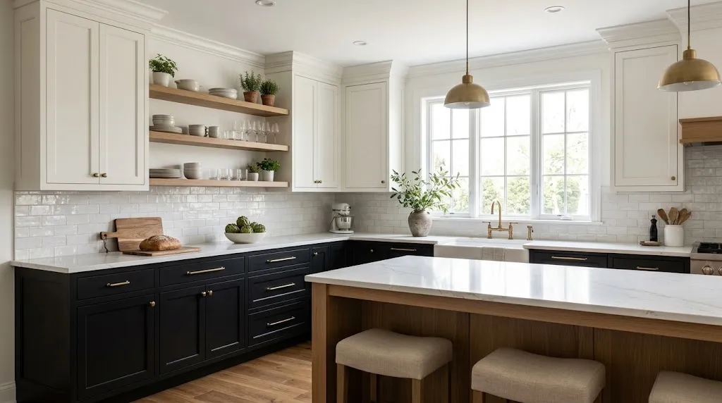Black lower cabinets and white upper kitchen cabinets