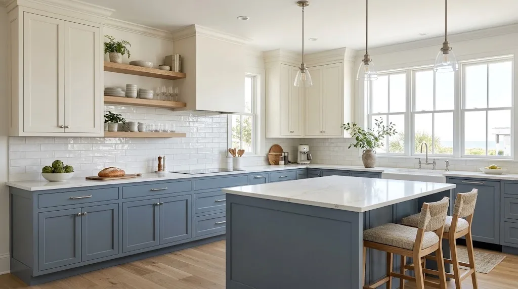Slate blue lower cabinets with white upper kitchen cabinets