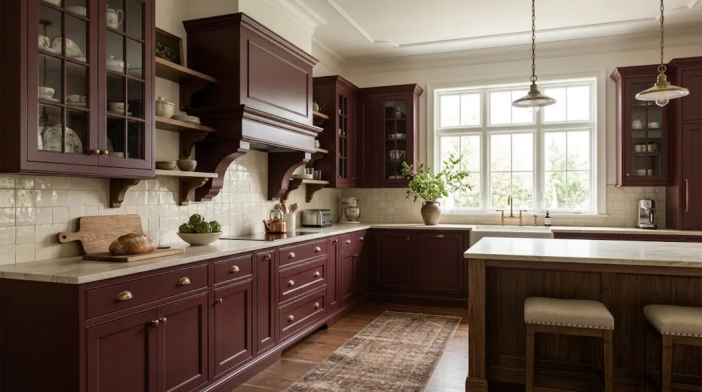 Burgundy wine-colored kitchen cabinets with brass hardware