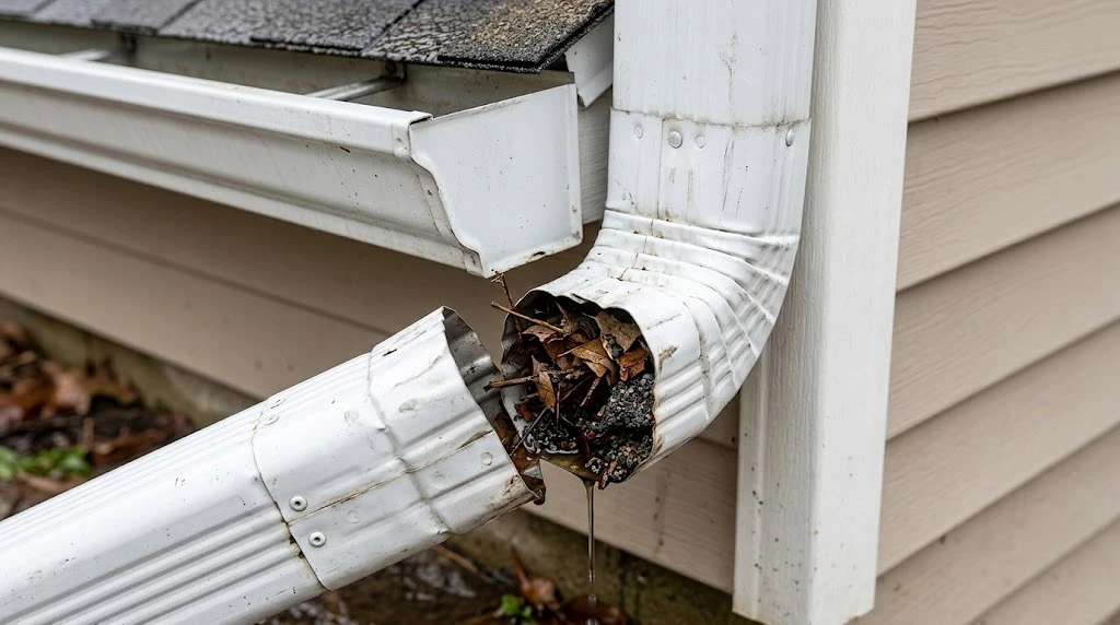 Clogged gutter downspout elbow filled with wet leaves and debris