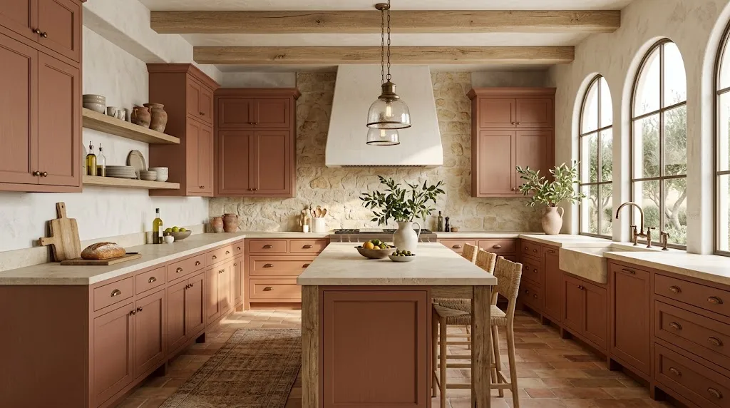 Earth tone terracotta kitchen cabinets in a Mediterranean kitchen