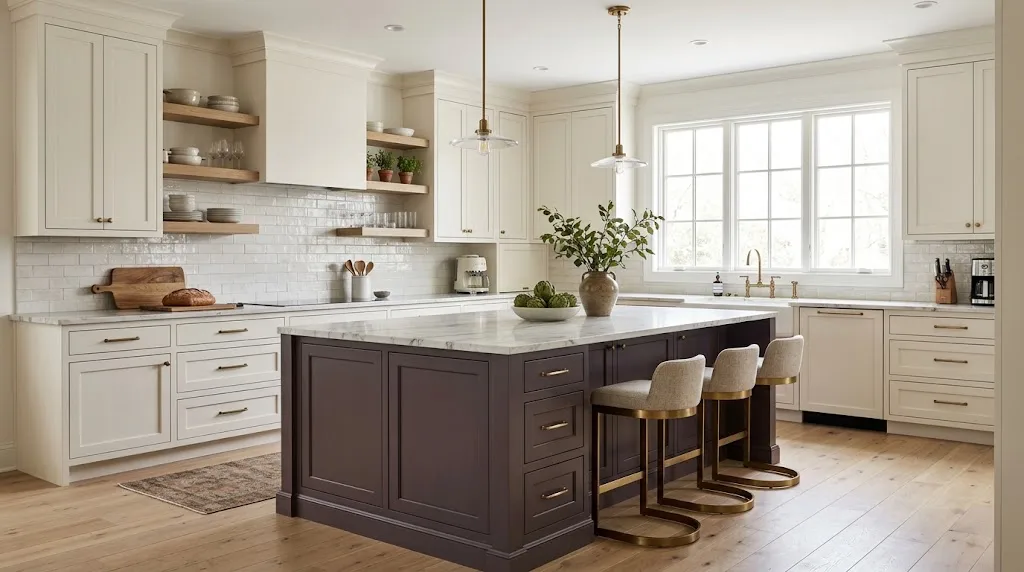 Deep eggplant purple kitchen island with cream cabinets