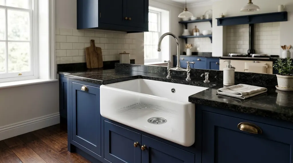 White enamelled cast iron undermount sink with dark granite countertop