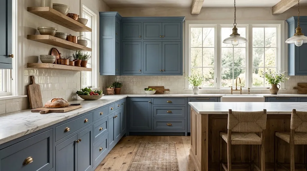 French blue kitchen cabinets with brass handles and white countertops